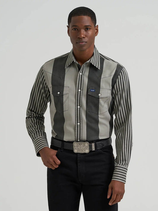 Vintage-Inspired Brushpopper Western Snap Workshirt in Smoky Stripes
