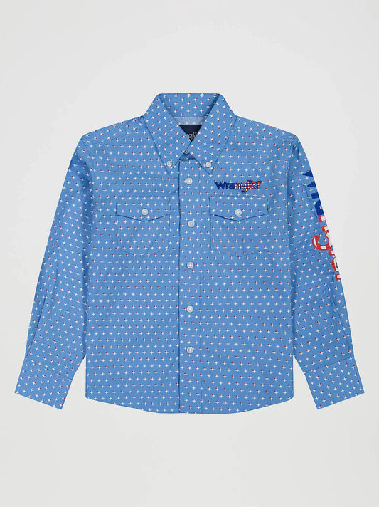 Boy's Wrangler® Logo Long Sleeve Western Snap Shirt in Americana
