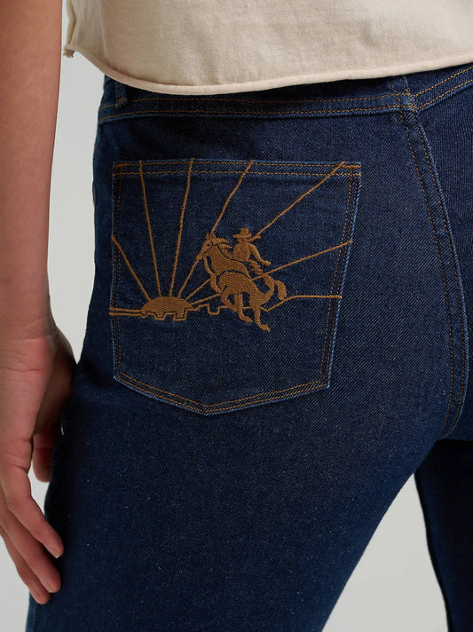 Women’s Flare Embroidered Pocket Jean in Retro Rinse