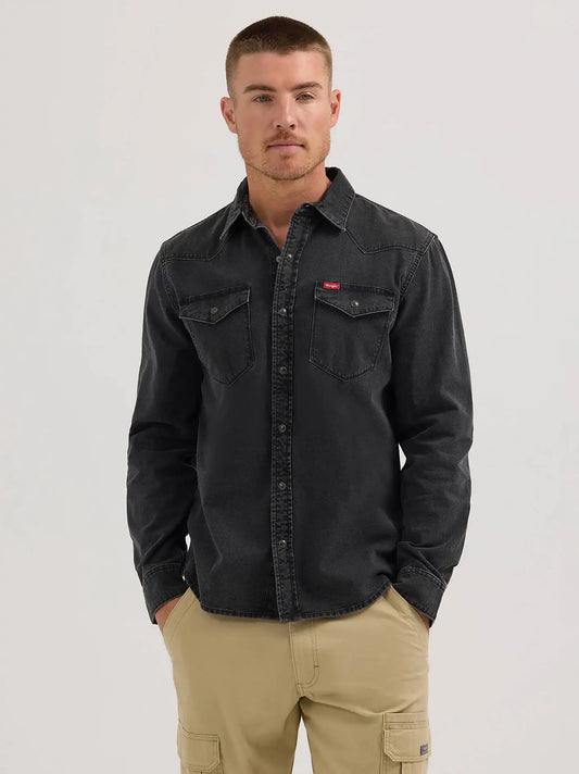 Men's Slim Denim Snap Front Shirt in Black