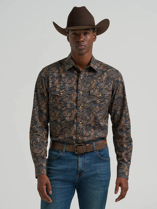 Men's Wrangler Retro® Premium Long Sleeve Western Snap Printed Shirt in Royal Scroll