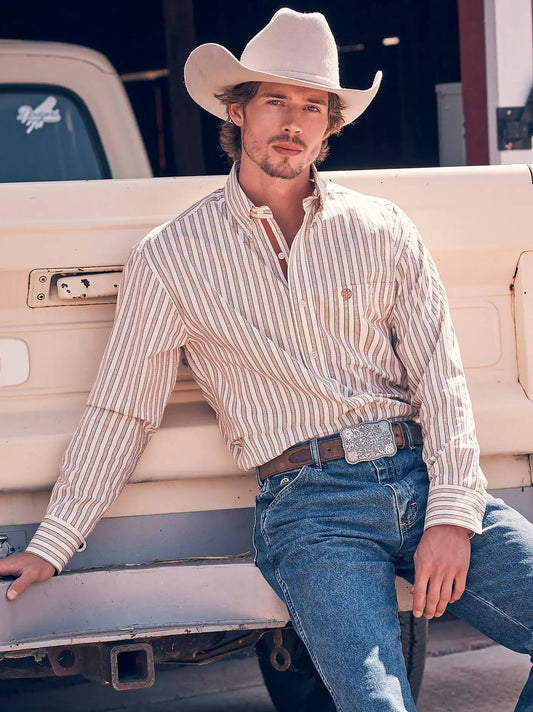Wrangler® George Strait™ Long Sleeve Button Down One Pocket Shirt in Rusted Stripe