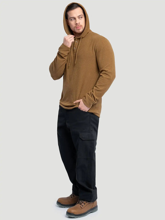 Men's Hooded Workwear Grid Fleece Henley in Rubber Brown