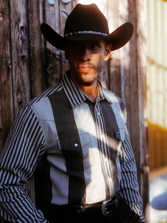Vintage-Inspired Brushpopper Western Snap Workshirt in Smoky Stripes