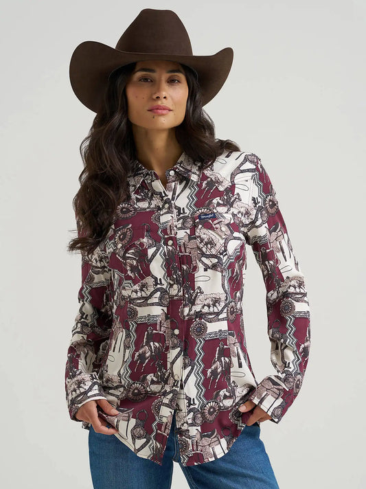 Women's Wrangler Bold Bucking Cowboy Sierra Snap Shirt in Burgundy