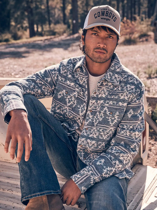 Men's Wrangler Retro® Premium Western Snap Jacquard Shirt in Grey Canyon