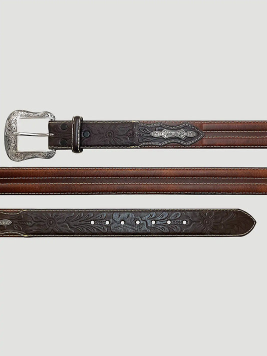 Men's Double Stitch Floral Leather Belt in Brown