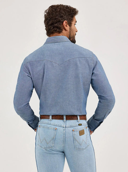 Cowboy Cut Long Sleeve Western Snap Chambray Work Shirt in Chambray Blue