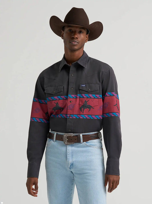 Vintage-Inspired Horizon Stripe Western Snap Shirt in Obsidian