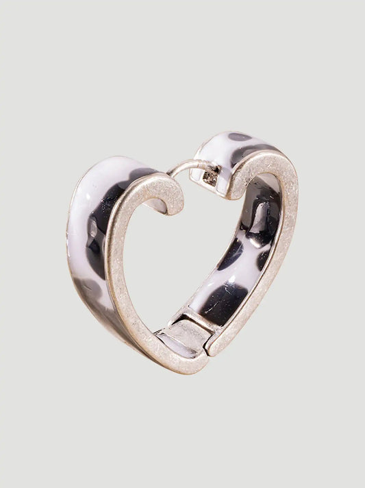 Cow Print Heart Hoop Earrings:Silver/Black:One Size: