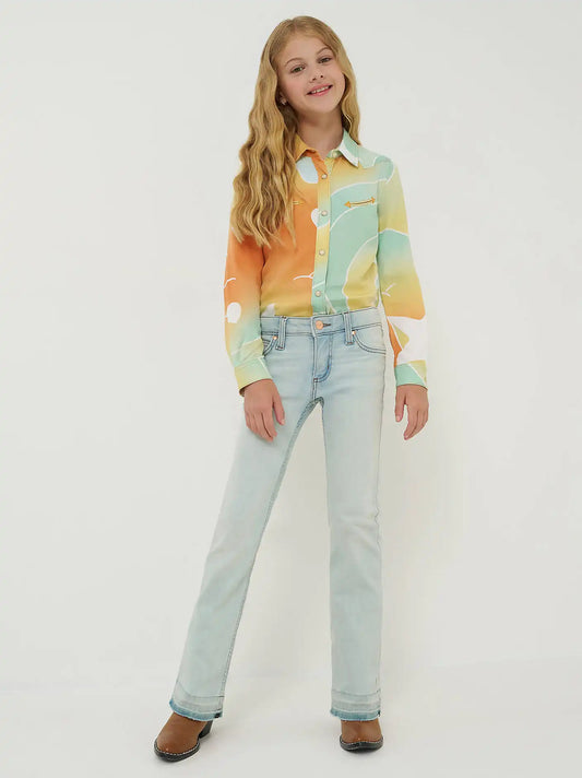 Girl's Lainey Wilson x Wrangler Raw Hem Boot Huggers in Bleach Blue Wash