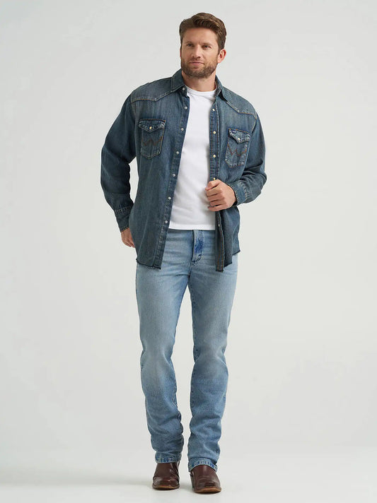 Wrangler® Cowboy Cut® Slim Fit Vintage Wash Jean in Authentic Blue