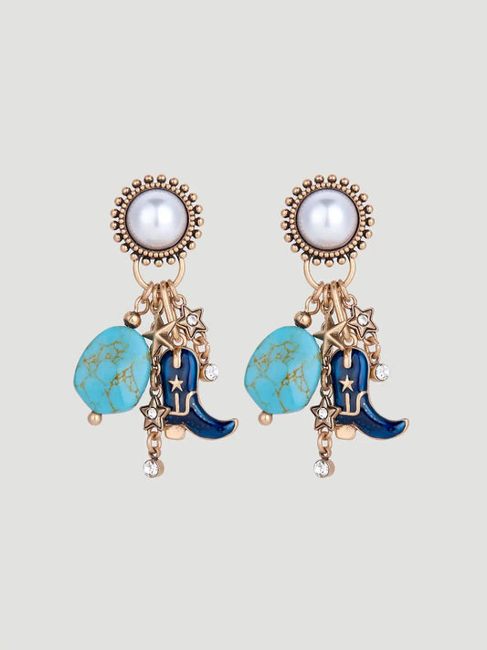Turquoise Stone Boot Charm Earrings:Gold:One Size: