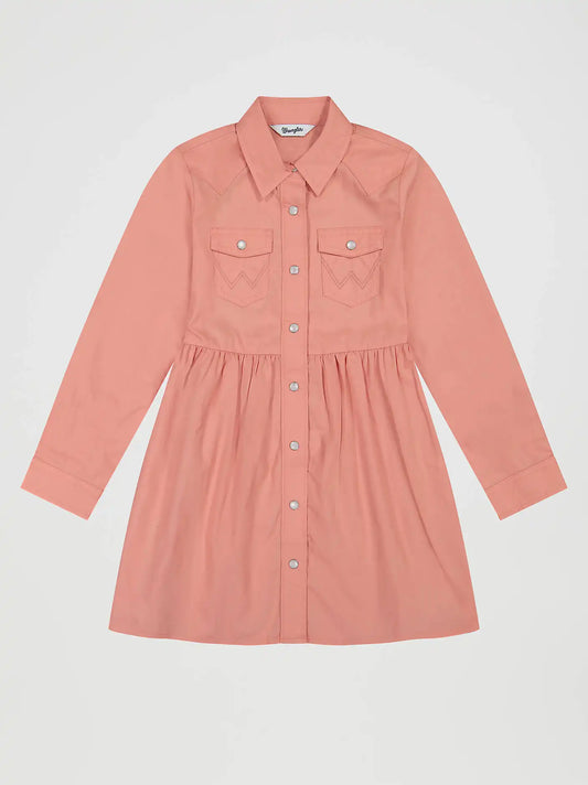 Girl's Long Sleeve Colorwash Western Snap Dress in Pink