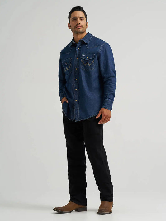 Men's Wrangler® Classic Denim Western Snap Shirt in Dark Wash Denim