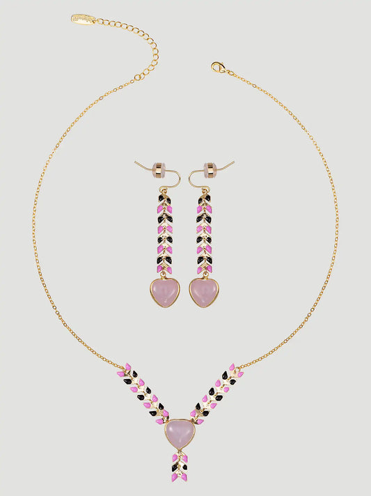 Heart Pendant Beaded Necklace Earring Set:Pink:One Size