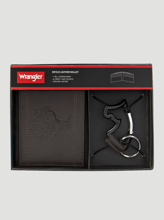Mens Embossed Wallet & Horse Carabiner Set:Chocolate:One Size