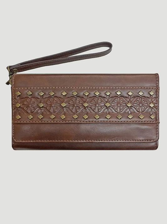 Floral Embossed Stud Trim Wristlet:Brown:One Size