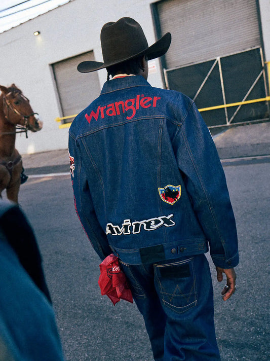 Wrangler x AVIREX AOP Patch Jacket in Raw Indigo