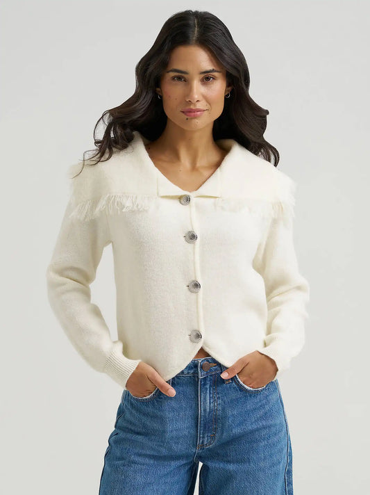 Women's Heartland Fringe Collar Cardigan Sweater in White