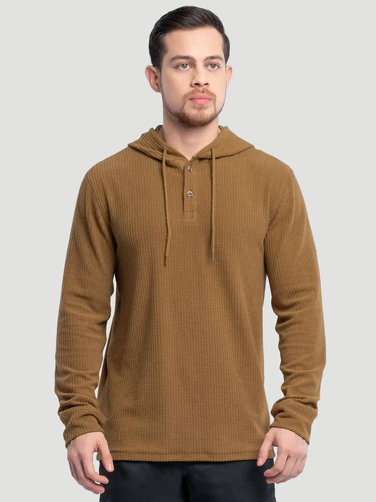 Men's Hooded Workwear Grid Fleece Henley in Rubber Brown