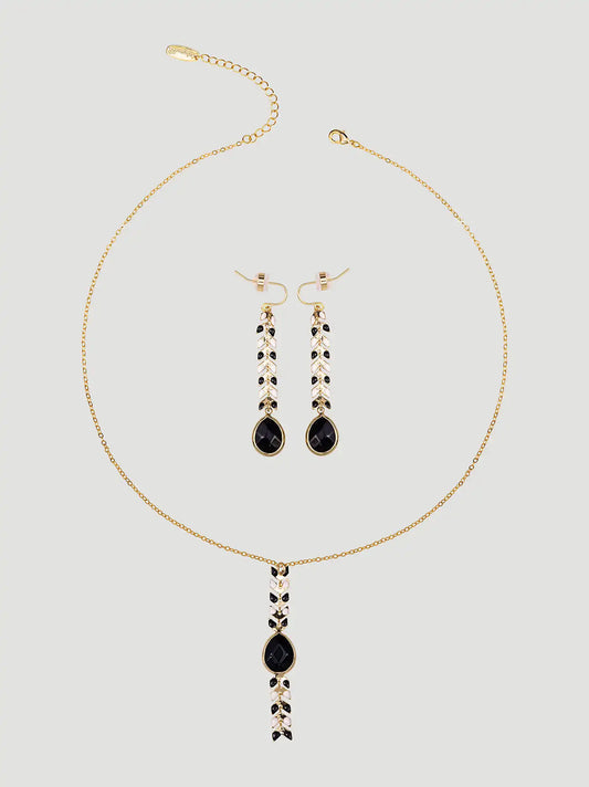 Teardrop Pendant Beaded Necklace Earring Set:Black:One Size