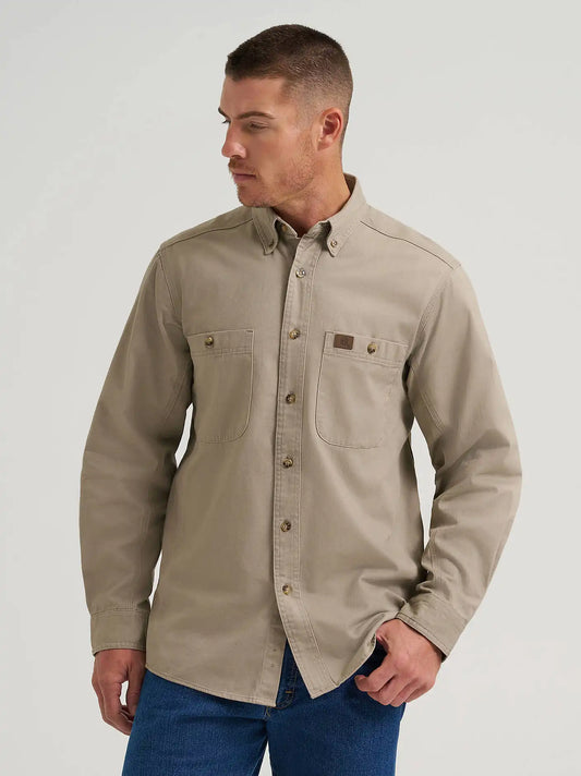 Wrangler® RIGGS Workwear® Long Sleeve Button Down Solid Twill Work Shirt in Khaki