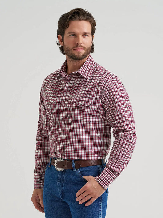 Men's Wrinkle Resist Long Sleeve Western Snap Plaid Shirt in Cherry Plaid