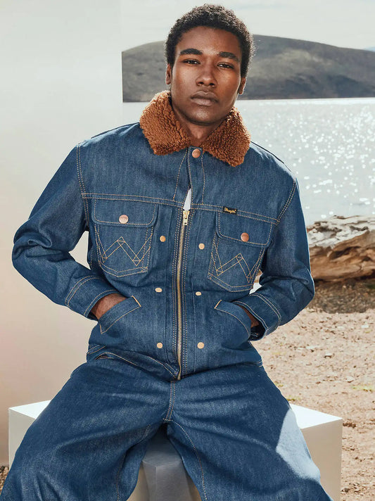 Super Wrangler Men's Sherpa Collar Denim Jacket in Super Raw