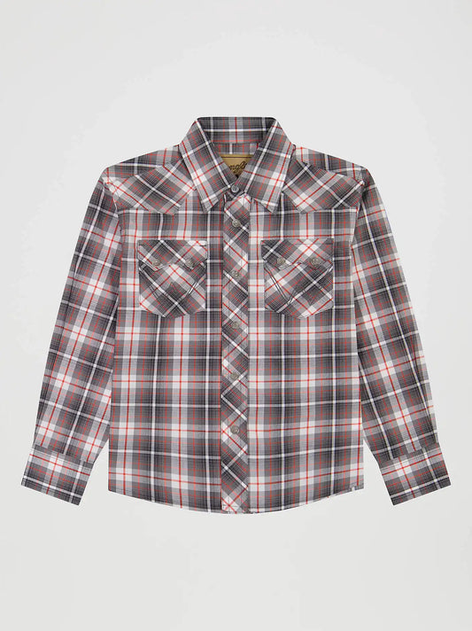 Boy's Wrangler Retro® Western Snap Plaid Shirt with Front Sawtooth Pockets in Grey Frost