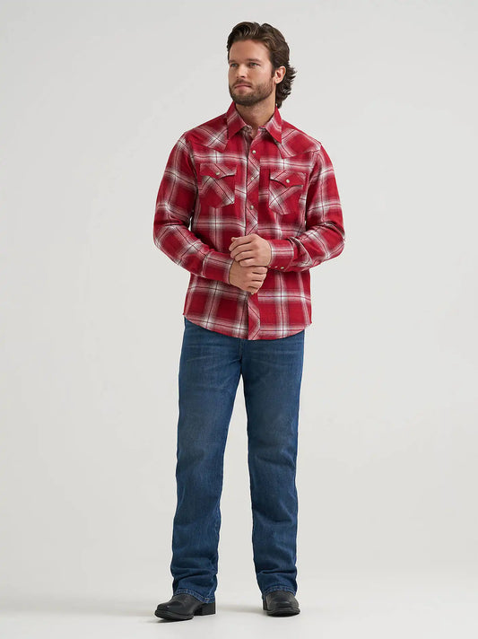 Men's Wrangler Retro® Long Sleeve Flannel Western Snap Plaid Shirt in Hearth Red