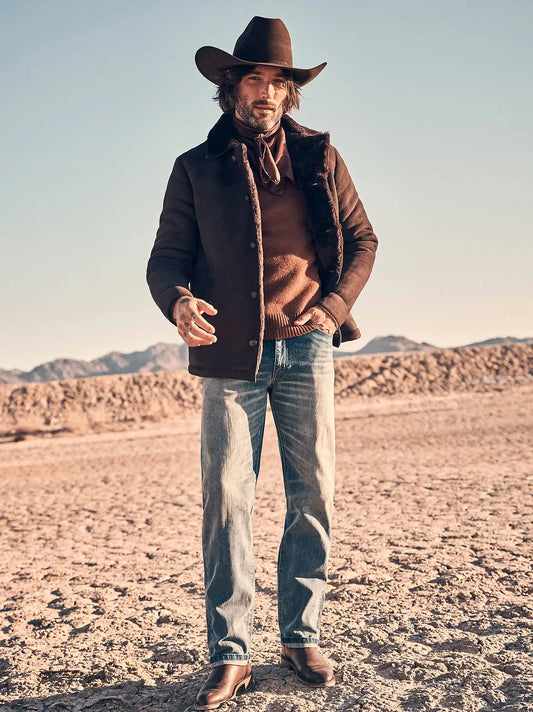 Men's Blue Bell Suede Shearling Range Jacket in Chocolate Torte
