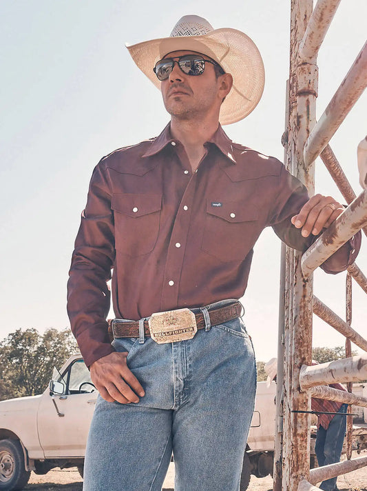 Cowboy Cut® Firm Finish Long Sleeve Western Snap Solid Work Shirt in Red Oxide