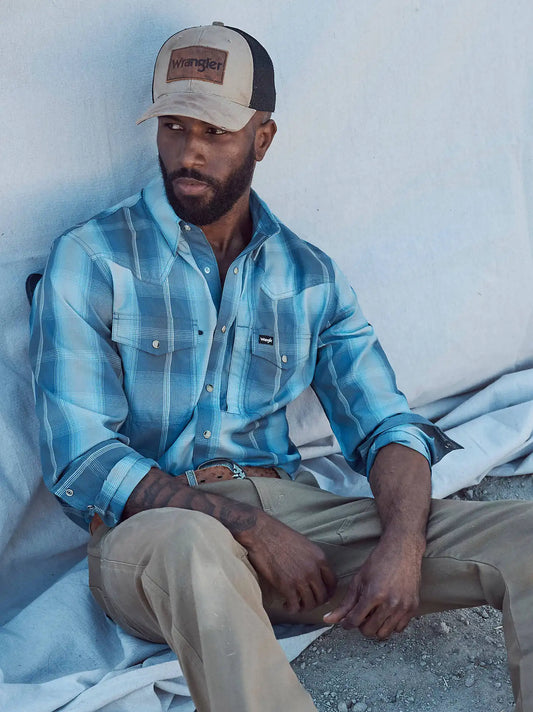 Wrangler All Terrain Gear Men's Performance Plaid Shirt in Ombre Indigo