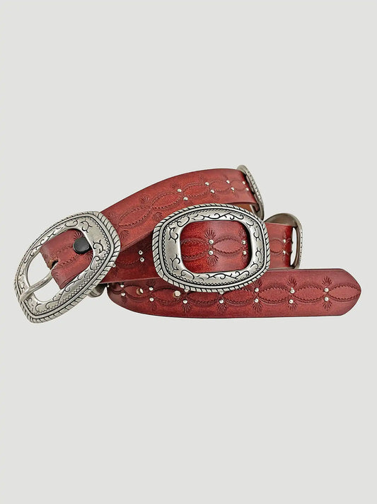 Women's Embossed Slider Conchos Belt in Red