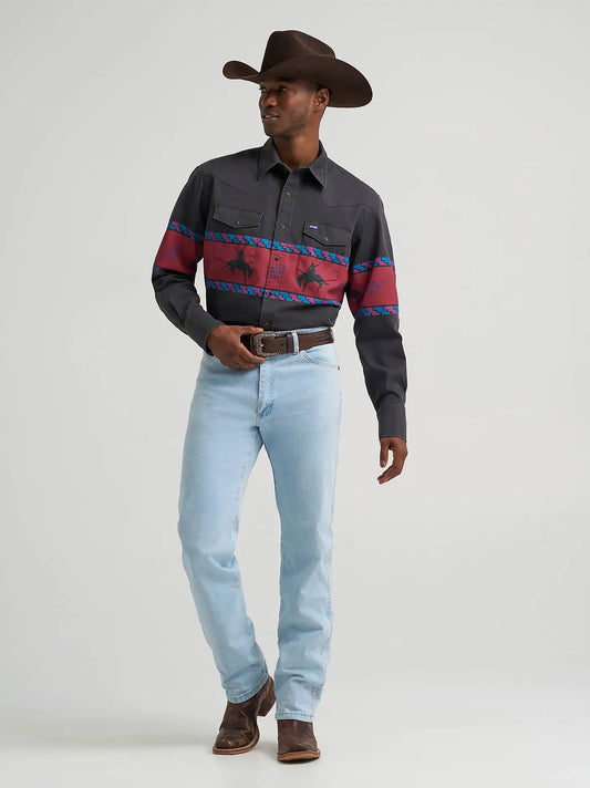 Vintage-Inspired Horizon Stripe Western Snap Shirt in Obsidian