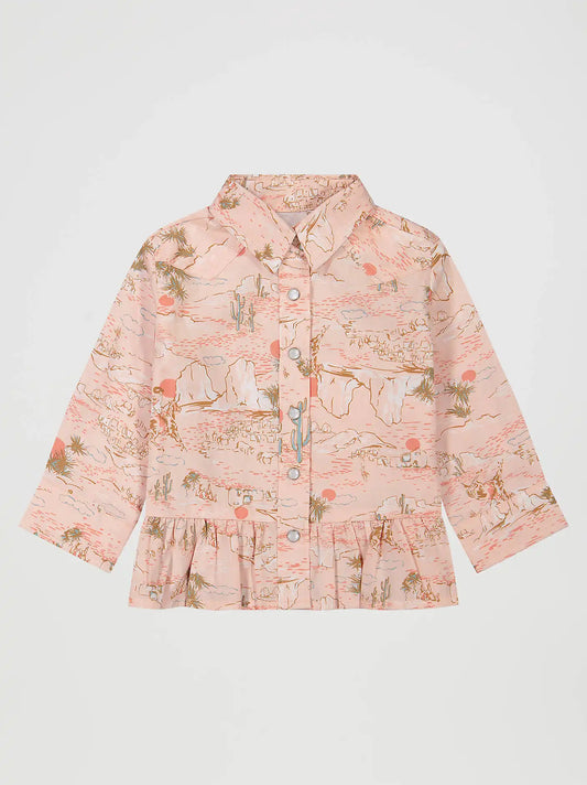 Little Girl's Ruffle Hem Snap Shirt in Pink