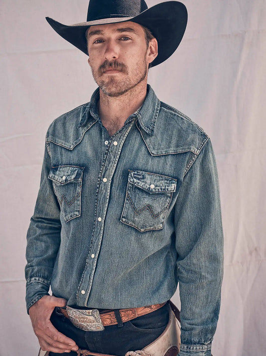 Cowboy Cut® Long Sleeve Western Denim Snap Work Shirt in Antique Blue