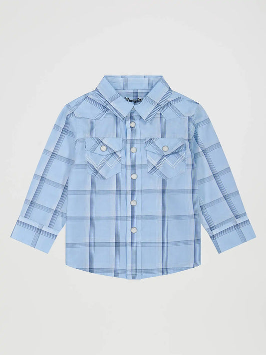 Little Boy's Long Sleeve Plaid Western Snap Shirt in Blue Frost