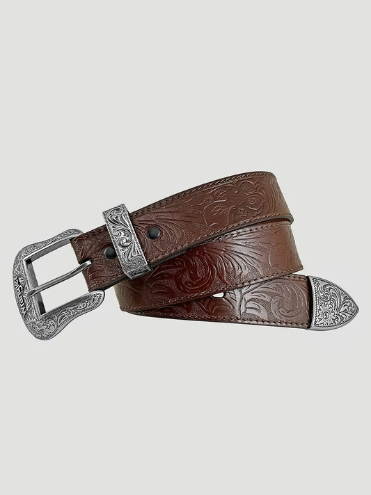 Women's 3 Piece Buckle Embossed Leather Belt in Mid Brown