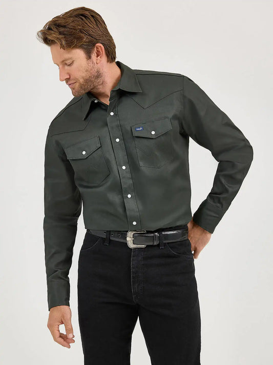 Cowboy Cut® Firm Finish Long Sleeve Western Snap Solid Work Shirt in Black Forest Green