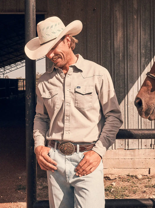 Cowboy Cut® Firm Finish Long Sleeve Western Snap Solid Work Shirt in Khaki