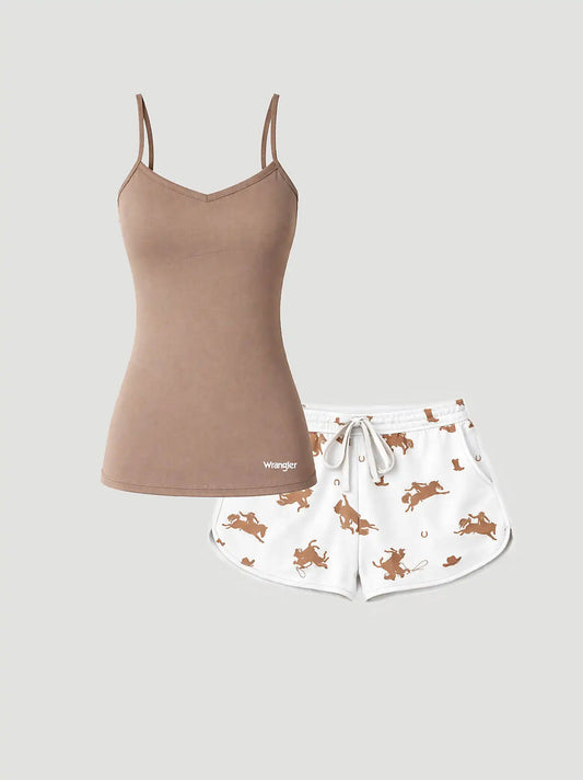 Women's Cami And Shorts Pajama Set in White/Brown