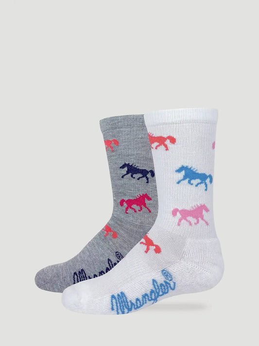 Girls Bright Horse Crew Socks 2 Pack:White/Grey:One Size