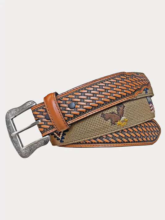 Men's Embroidered Basketweave Leather Belt in Brown