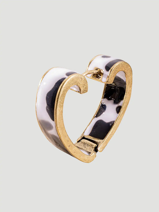 Cow Print Heart Hoop Earrings:Gold/Black:One Size: