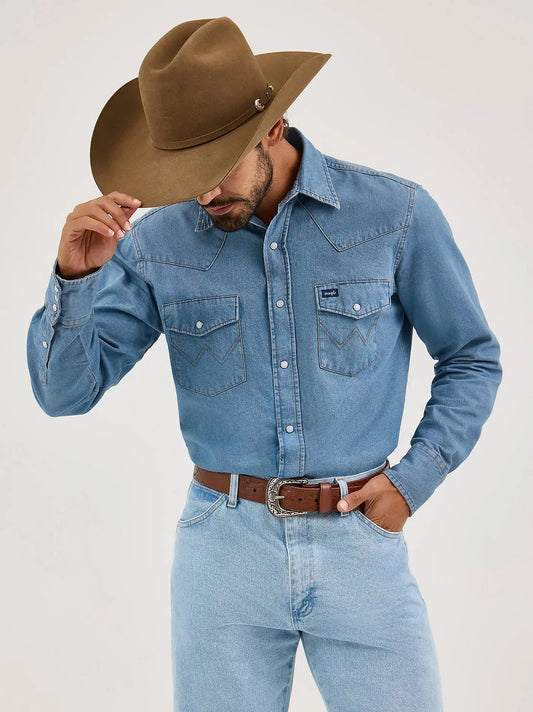 Cowboy Cut® Long Sleeve Western Denim Snap Work Shirt in Stonewash