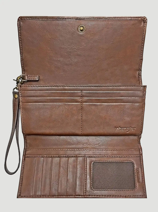 Ostrich and Concho Logo Wristlet:Brown:One Size