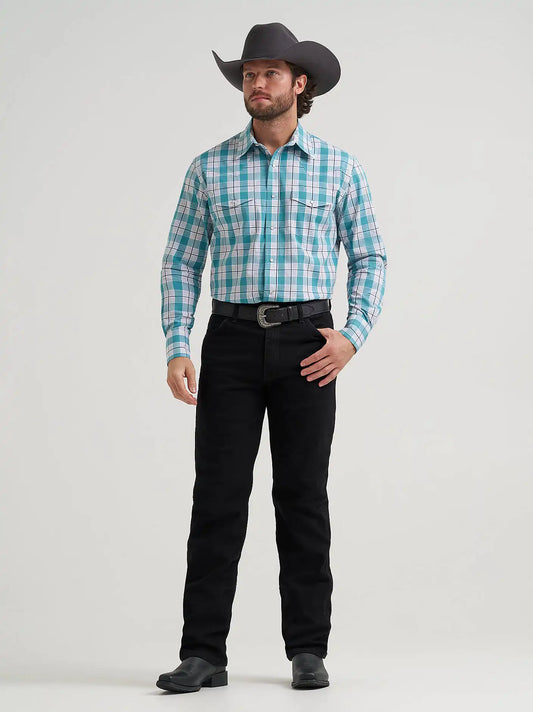 Men's Wrinkle Resist Long Sleeve Western Snap Plaid Shirt in Seaside