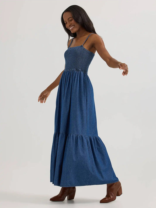 Women's Smocked Bodice Denim Maxi Dress in Midnight